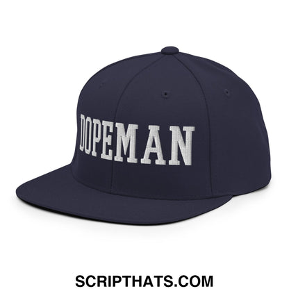Navy blue dopeman embroidered flat bill brim snapback hat with white lettering and adjustable closure