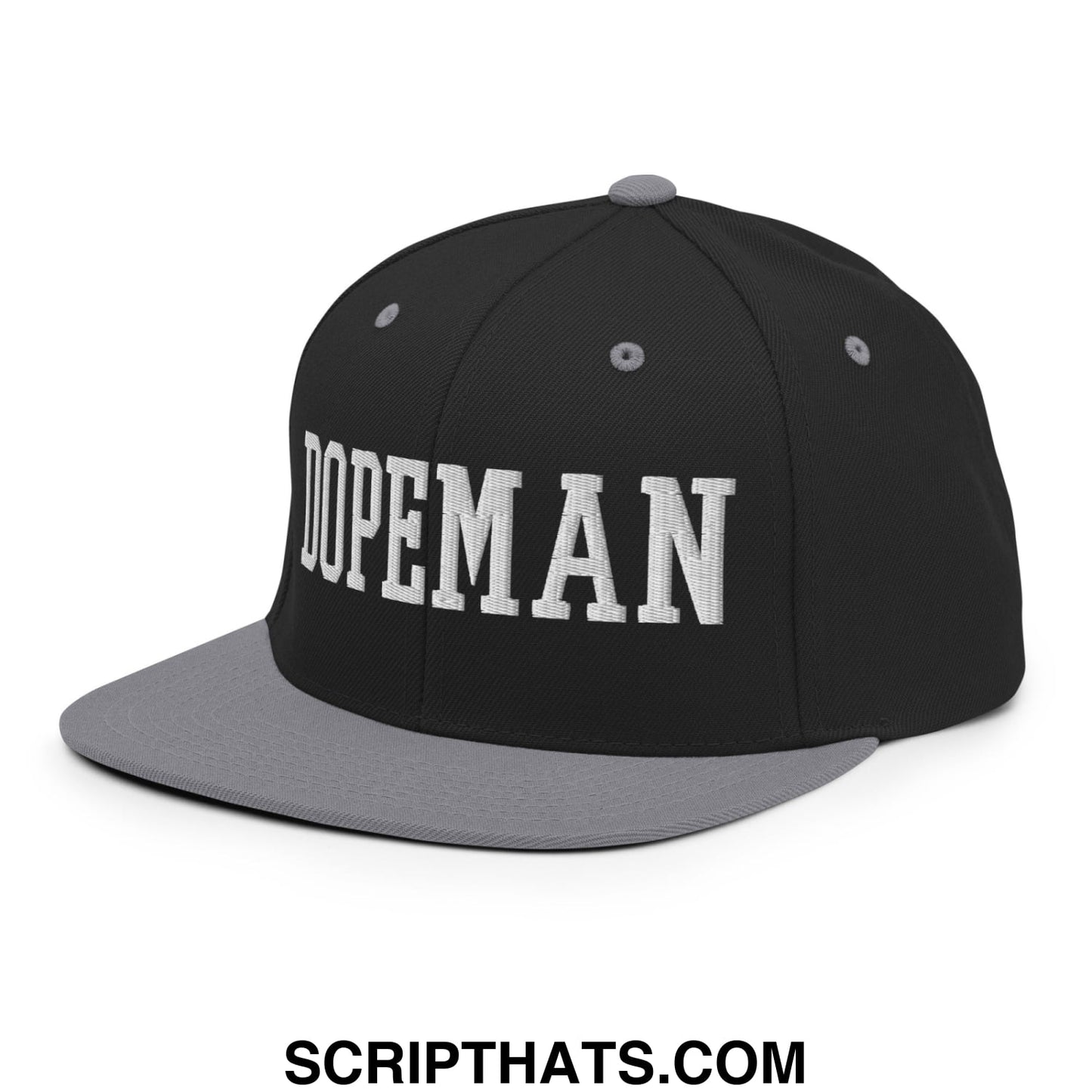 Black and gray snapback hat with dopeman embroidered in white lettering flat bill brim design