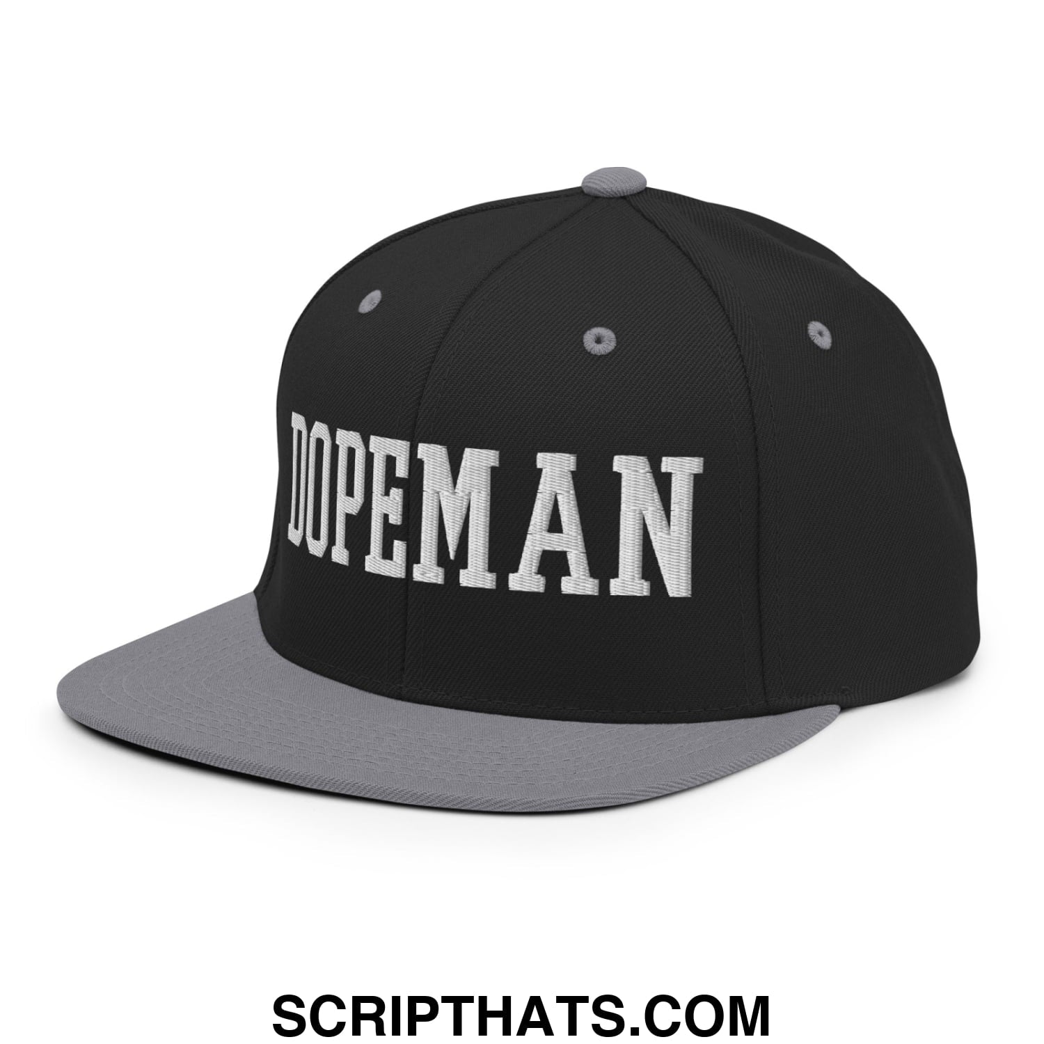 Black and gray snapback hat with dopeman embroidered in white lettering flat bill brim design
