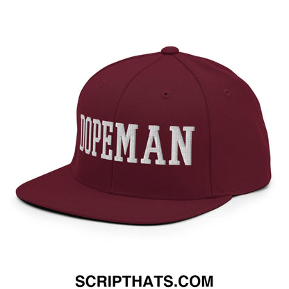 Maroon dopeman flat bill brim snapback hat with white embroidered lettering on the front panel
