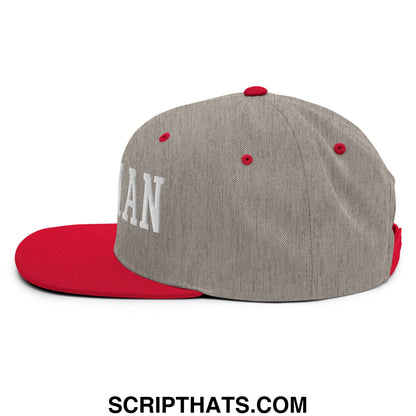 Gray and red snapback hat with white embroidered dopeman lettering and flat bill brim for casual wear