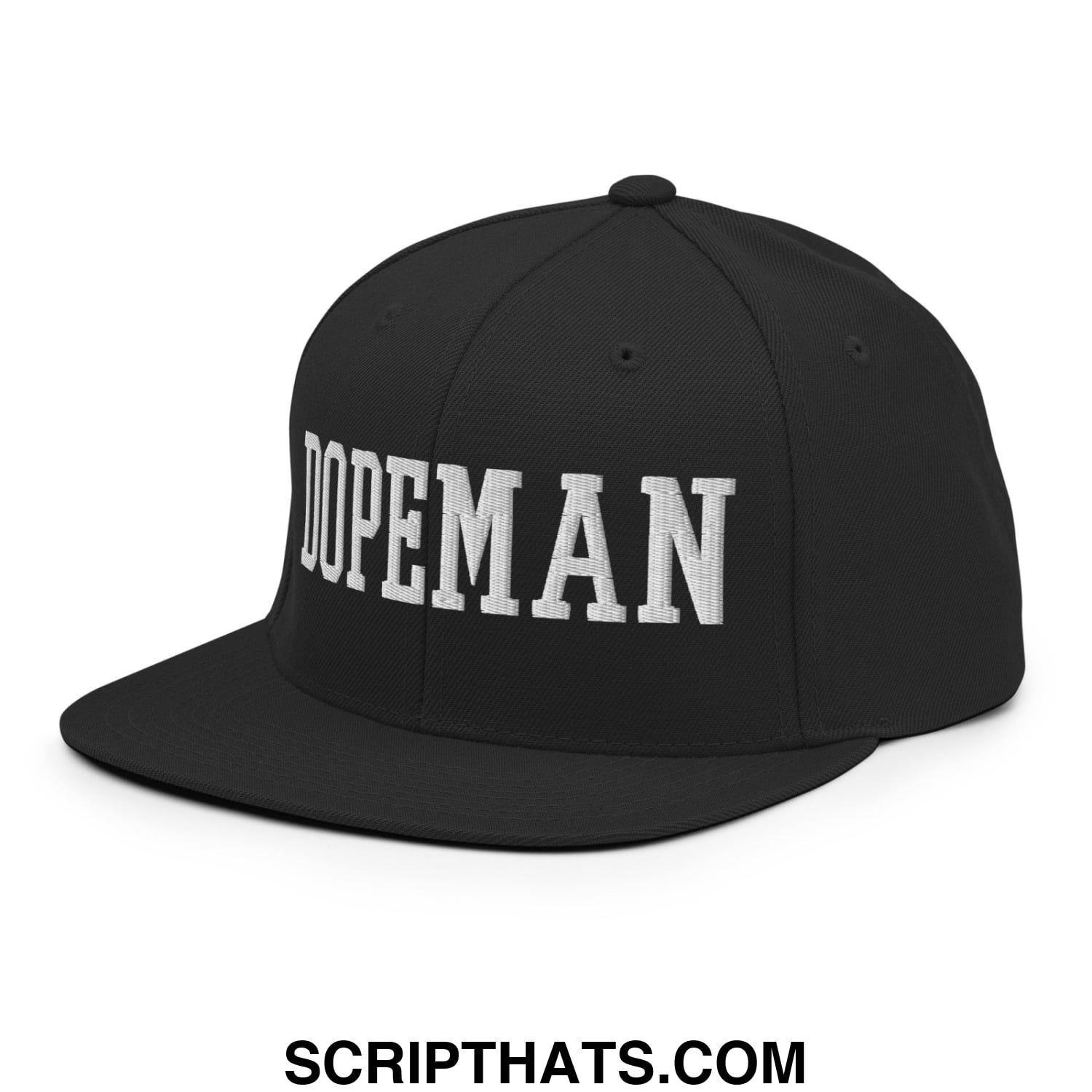 Black snapback cap with white embroidered dopeman lettering and a flat bill brim for casual wear