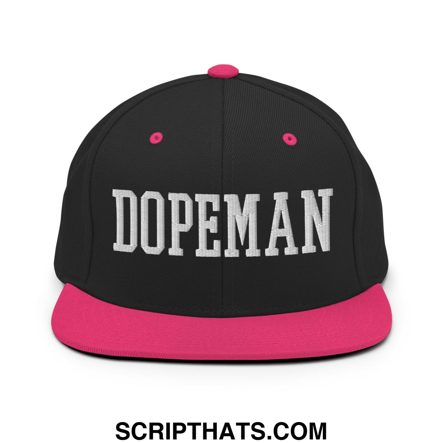 Black snapback cap with vibrant pink brim and button featuring bold white embroidered dopeman lettering on front
