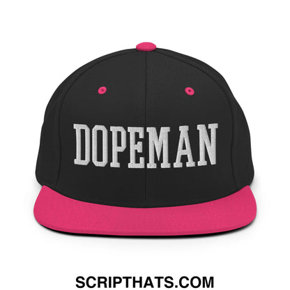 Black snapback cap with vibrant pink brim and button featuring bold white embroidered dopeman lettering on front