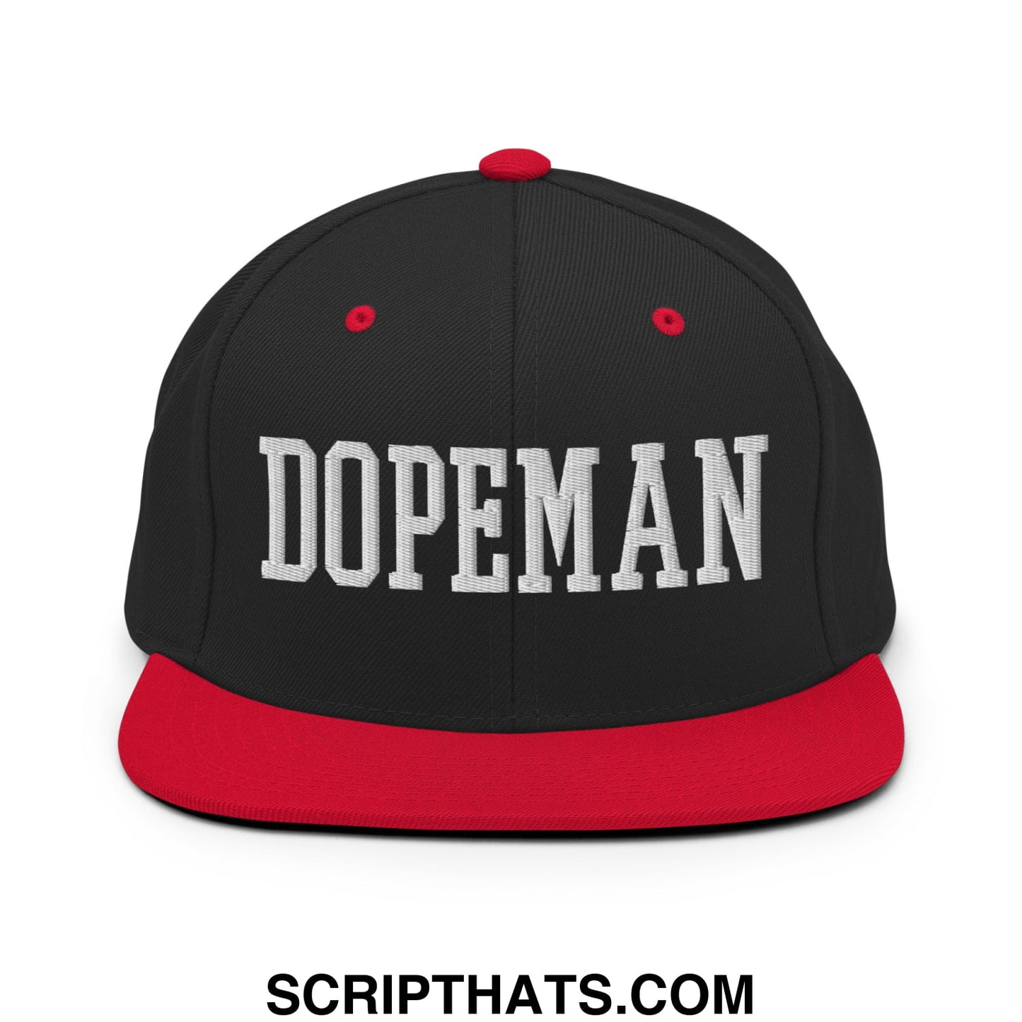 Black snapback cap with red brim and button featuring white dopeman embroidered lettering in bold collegiate font