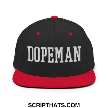 Black snapback cap with red brim and button featuring white dopeman embroidered lettering in bold collegiate font