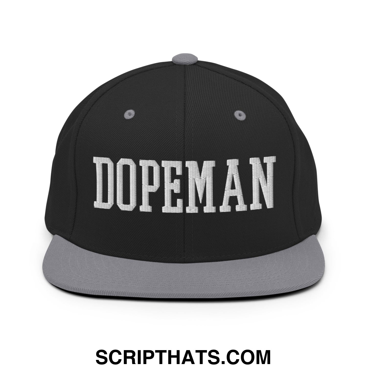 Black snapback hat with gray flat bill brim and bold white embroidered dopeman lettering on front panel