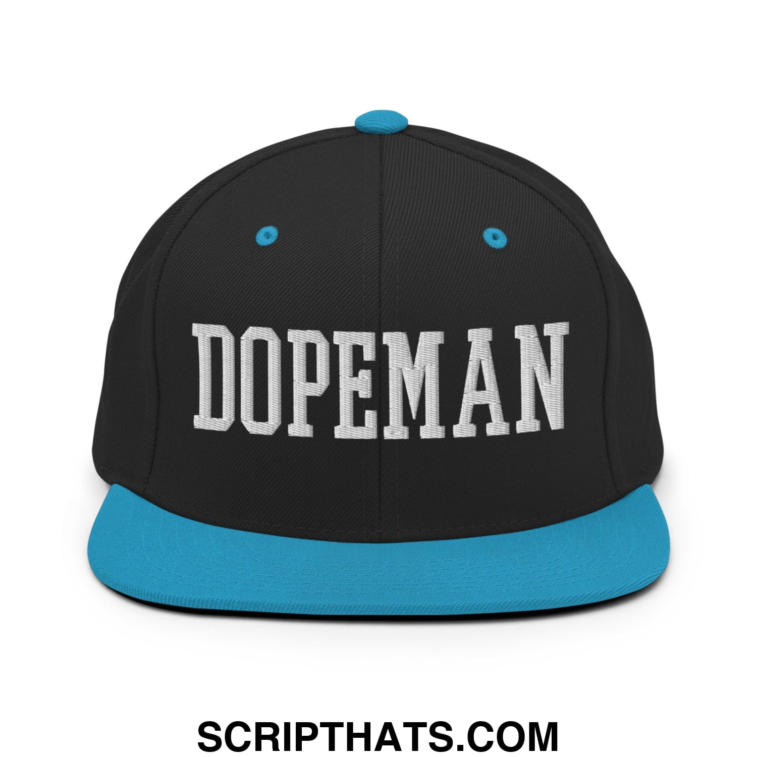 Black snapback cap with white embroidered dopeman lettering teal flat bill brim and matching button