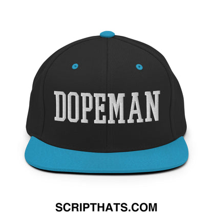 Black snapback cap with white embroidered dopeman lettering teal flat bill brim and matching button