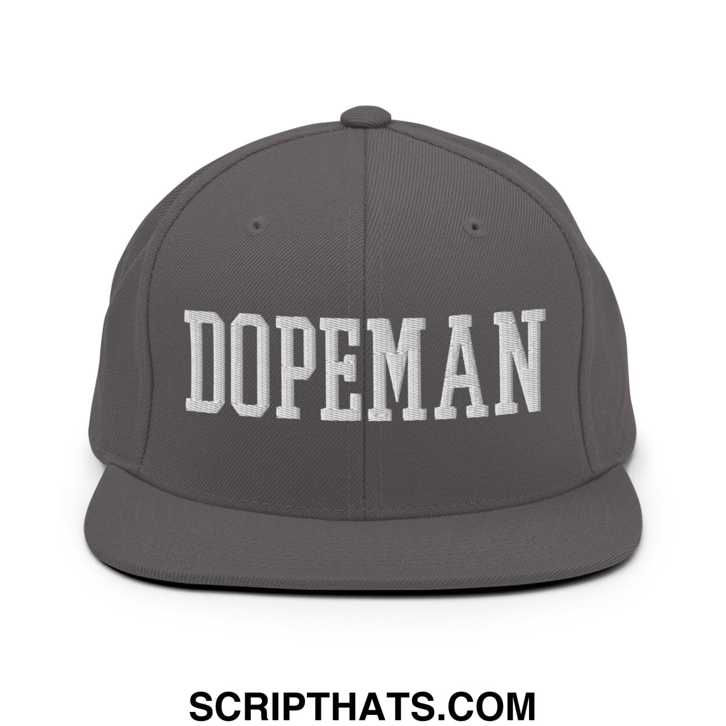 Gray snapback hat with white embroidered dopeman lettering and a flat bill brim for stylish casual wear