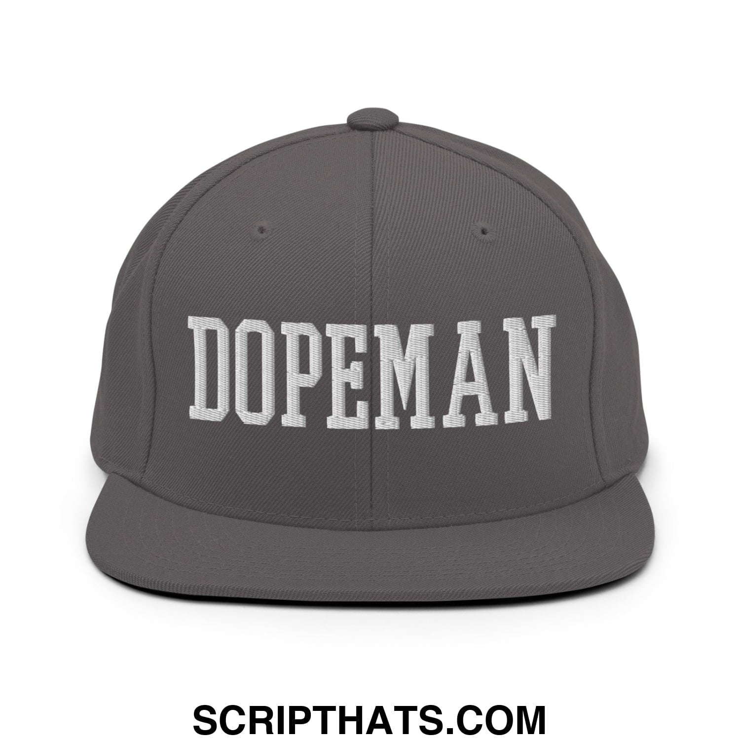 Gray snapback hat with white embroidered dopeman lettering and a flat bill brim for stylish casual wear