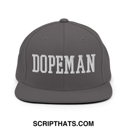 Gray snapback hat with white embroidered dopeman lettering and a flat bill brim for stylish casual wear