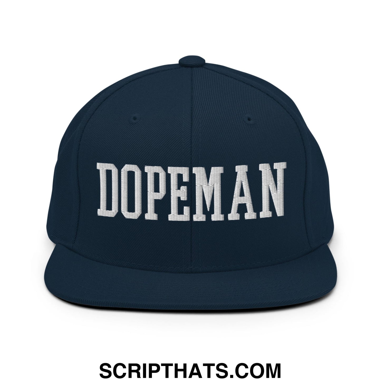 Navy blue snapback hat with white embroidered dopeman lettering and flat bill brim perfect for casual wear