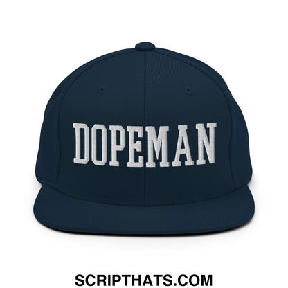 Navy blue snapback hat with white embroidered dopeman lettering and flat bill brim perfect for casual wear