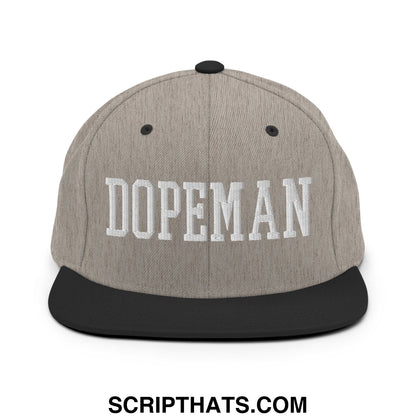 Gray and black snapback hat with white embroidered dopeman lettering and flat bill brim for casual wear