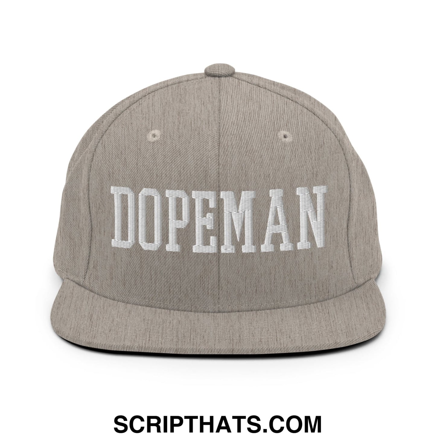 Gray heather snapback cap with white embroidered dopeman lettering featuring a flat bill brim design