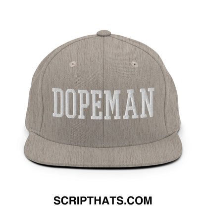 Gray heather snapback cap with white embroidered dopeman lettering featuring a flat bill brim design