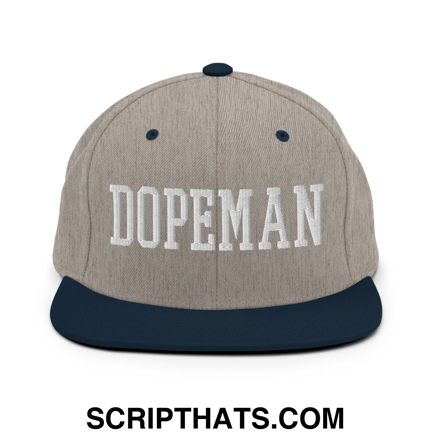Dopeman Embroidered Flat Bill Brim Snapback Hat Heather Grey Navy