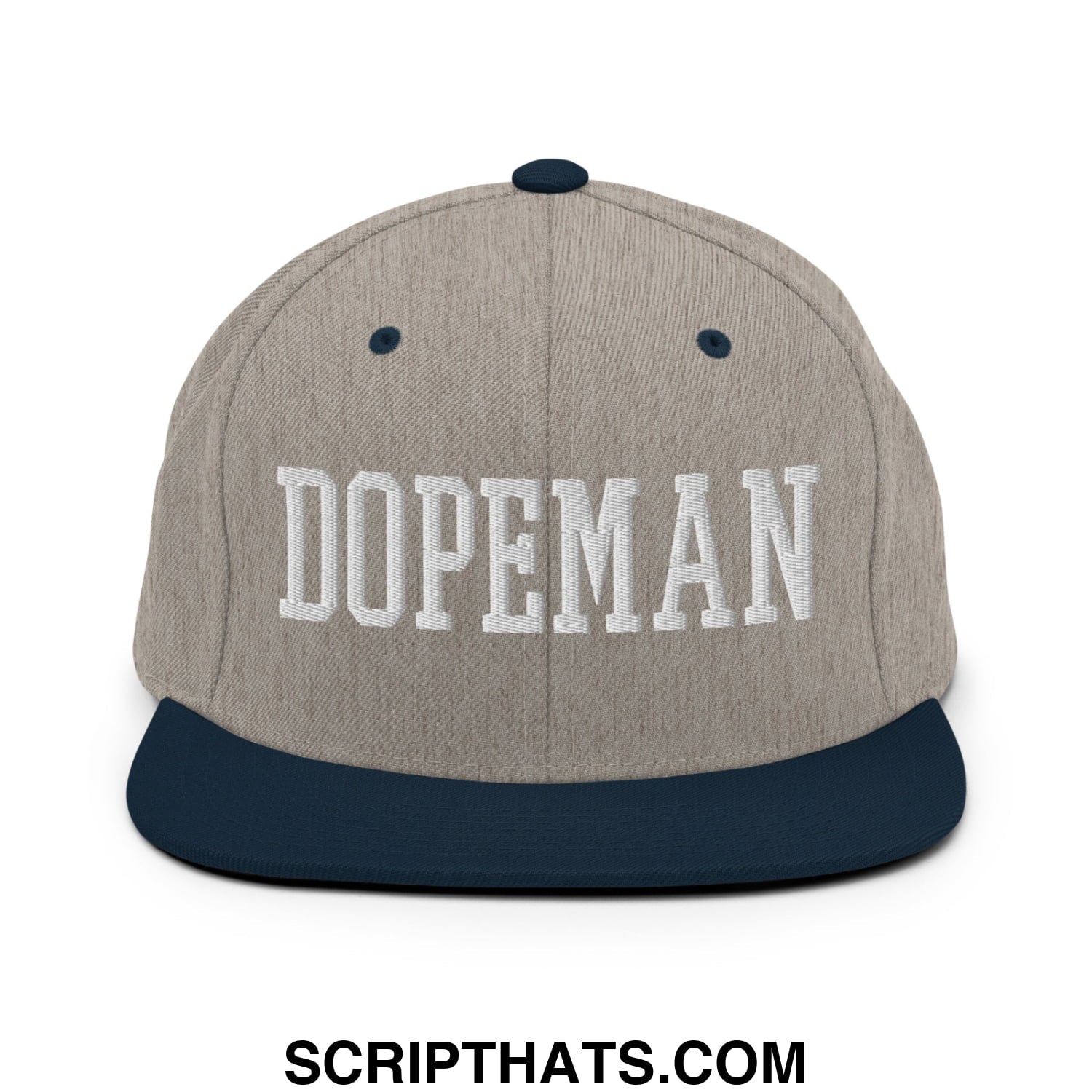 Gray and navy blue snapback hat with dopeman embroidered in white on the flat bill brim for casual wear