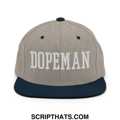Gray and navy blue snapback hat with dopeman embroidered in white on the flat bill brim for casual wear