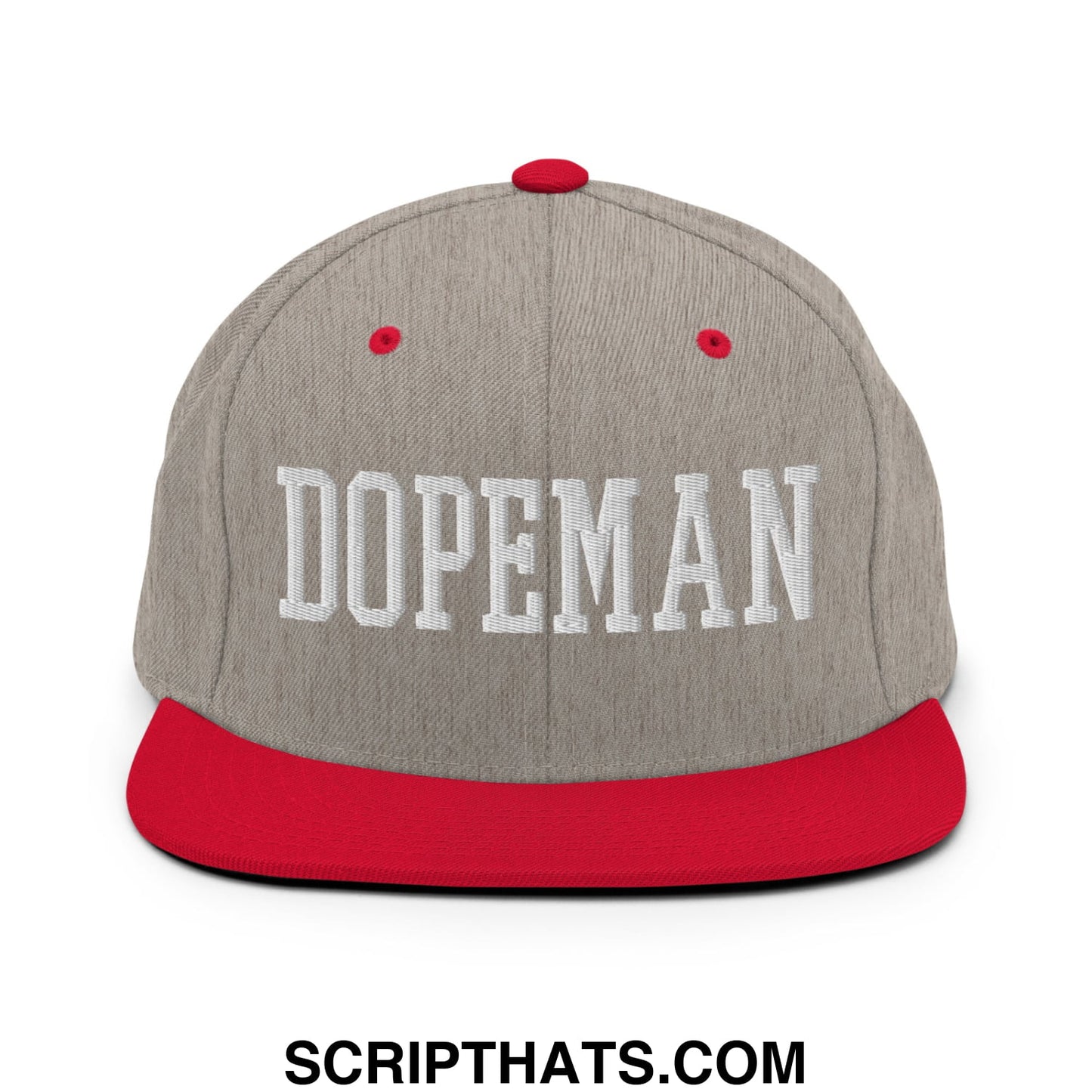 Gray and red snapback cap with white embroidered dopeman lettering and flat bill brim for casual wear