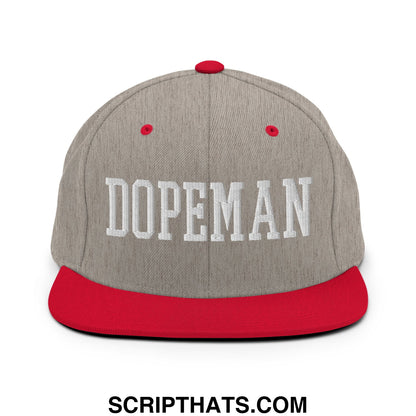 Gray and red snapback cap with white embroidered dopeman lettering and flat bill brim for casual wear