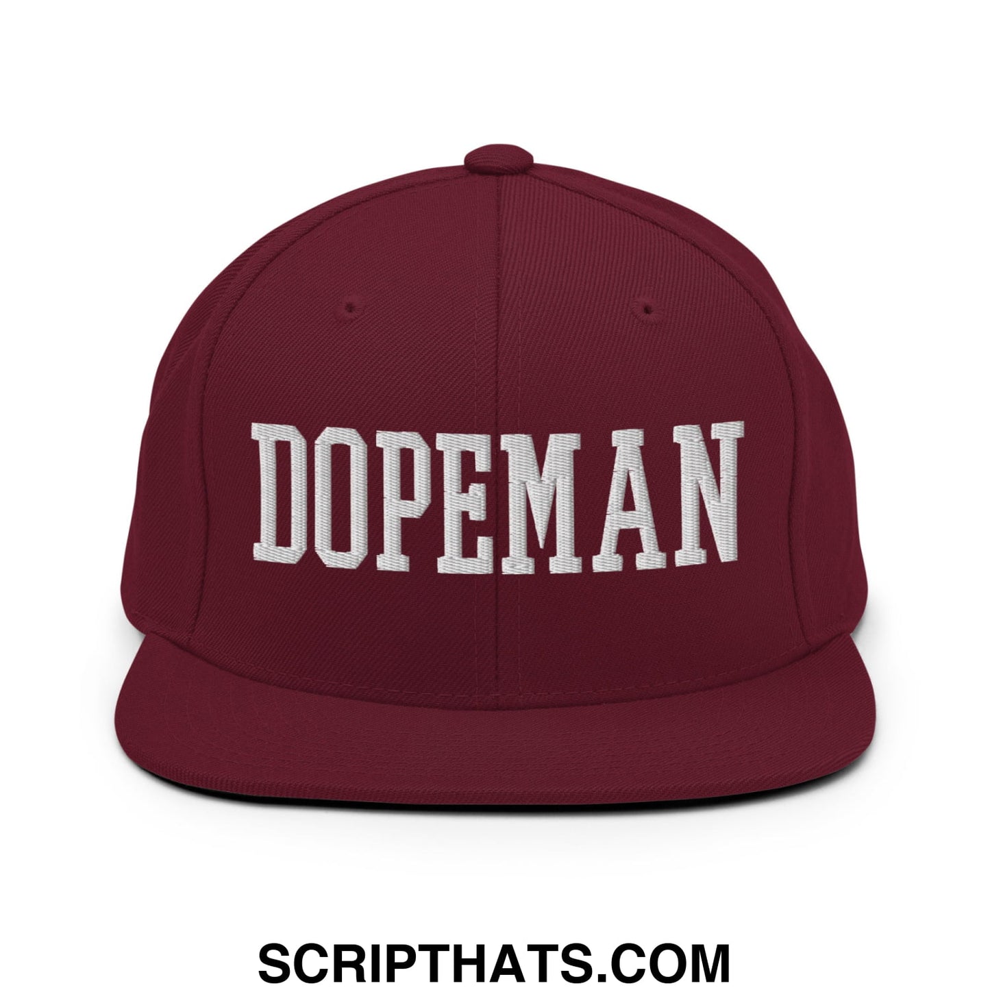 Maroon dopeman embroidered flat bill brim snapback hat featuring white lettering and adjustable closure
