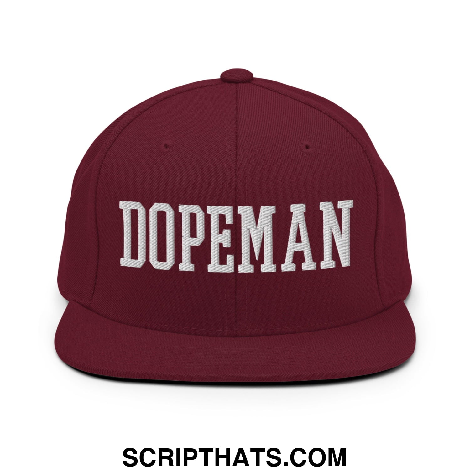 Maroon dopeman embroidered flat bill brim snapback hat featuring white lettering and adjustable closure