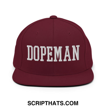 Maroon dopeman embroidered flat bill brim snapback hat featuring white lettering and adjustable closure