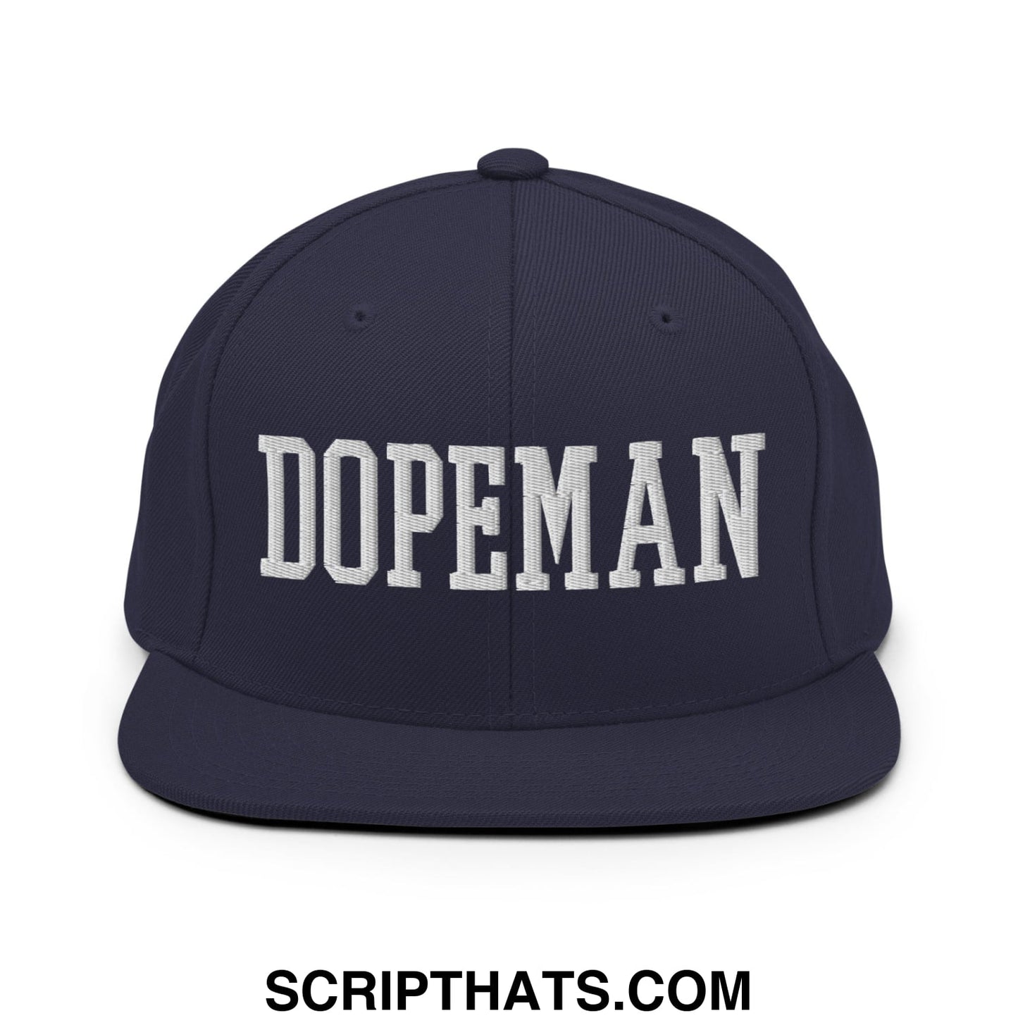 Navy blue snapback hat with white embroidered dopeman lettering and flat bill brim for casual wear
