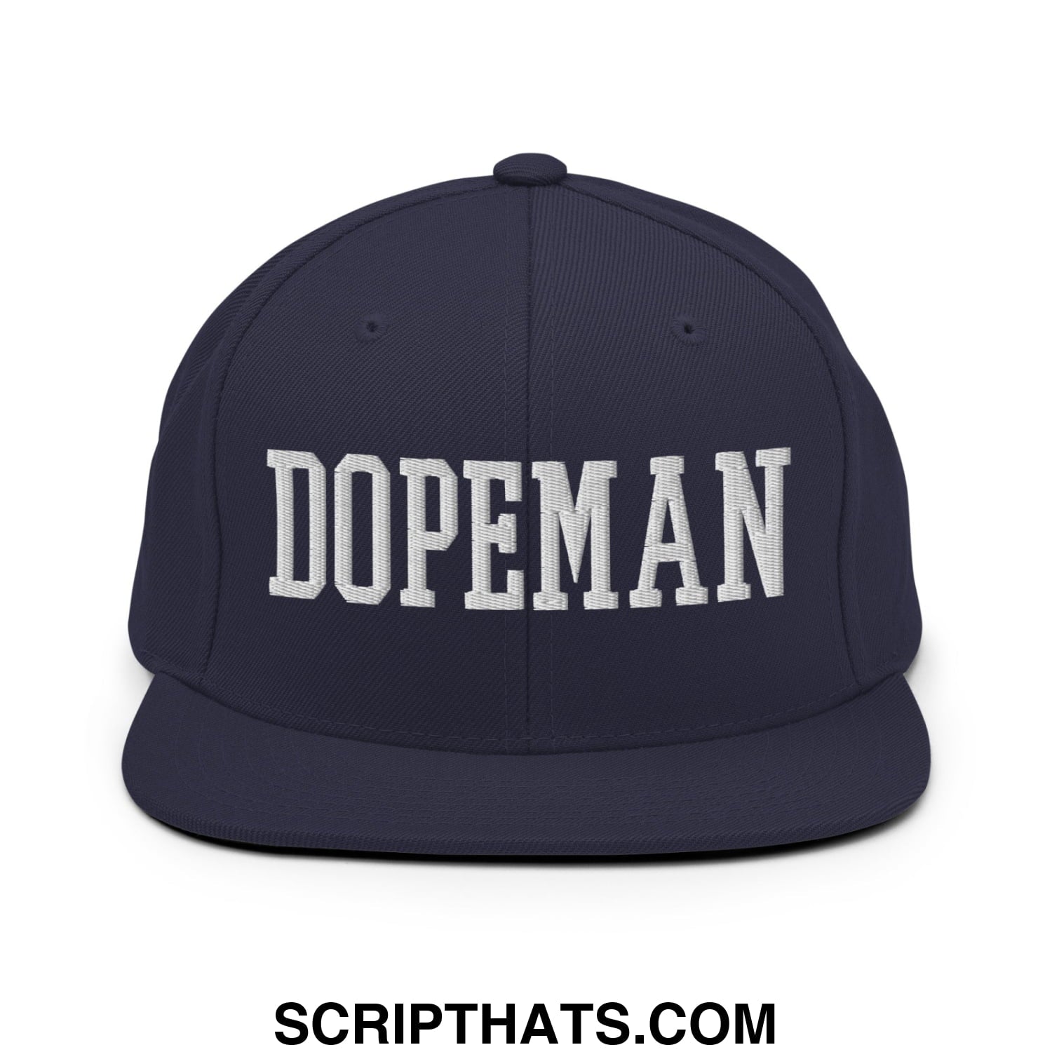 Navy blue snapback hat with white embroidered dopeman lettering and flat bill brim for casual wear