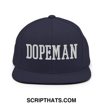 Navy blue snapback hat with white embroidered dopeman lettering and flat bill brim for casual wear