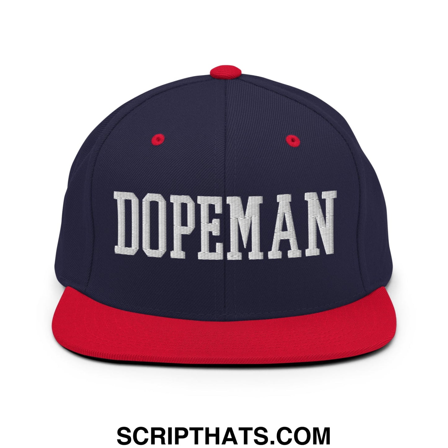 Navy blue and red snapback hat with white embroidered dopeman lettering and flat bill brim design