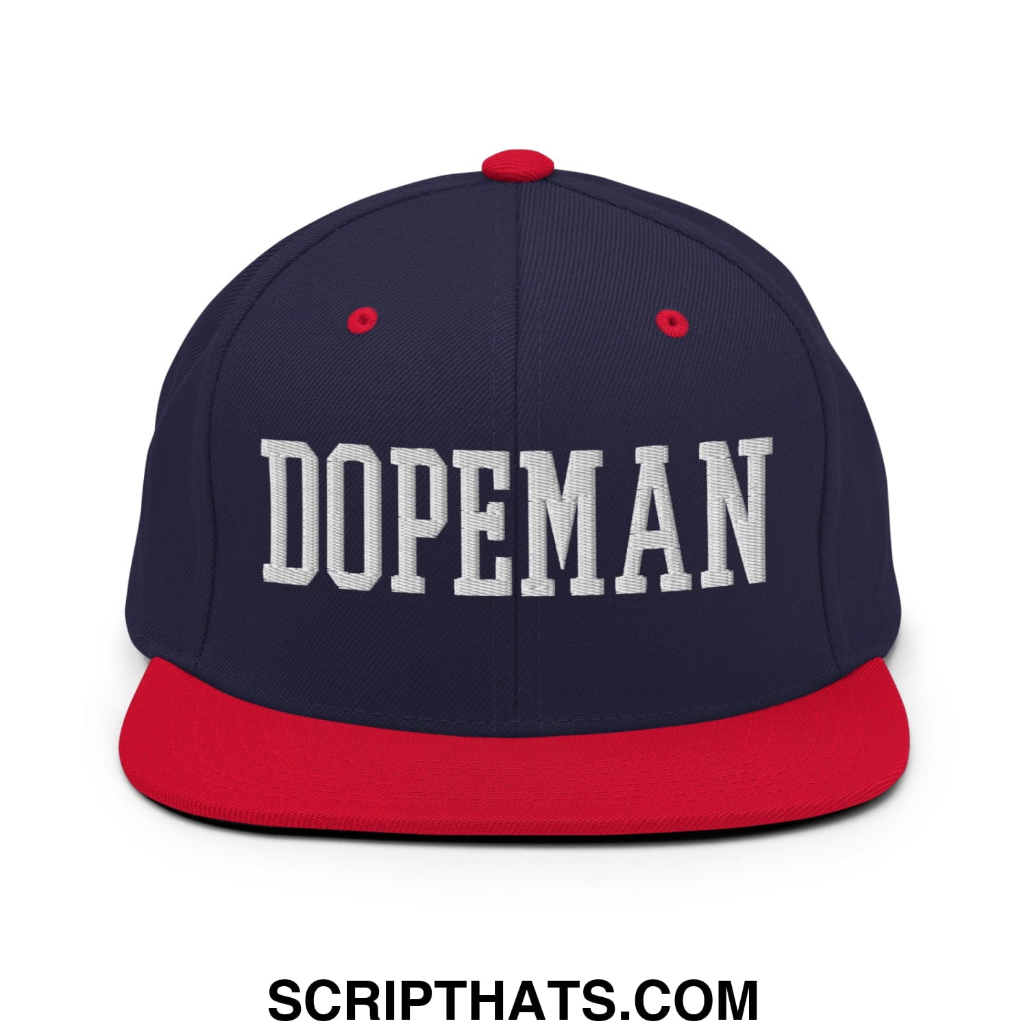Navy blue and red snapback hat with white embroidered dopeman lettering and flat bill brim design