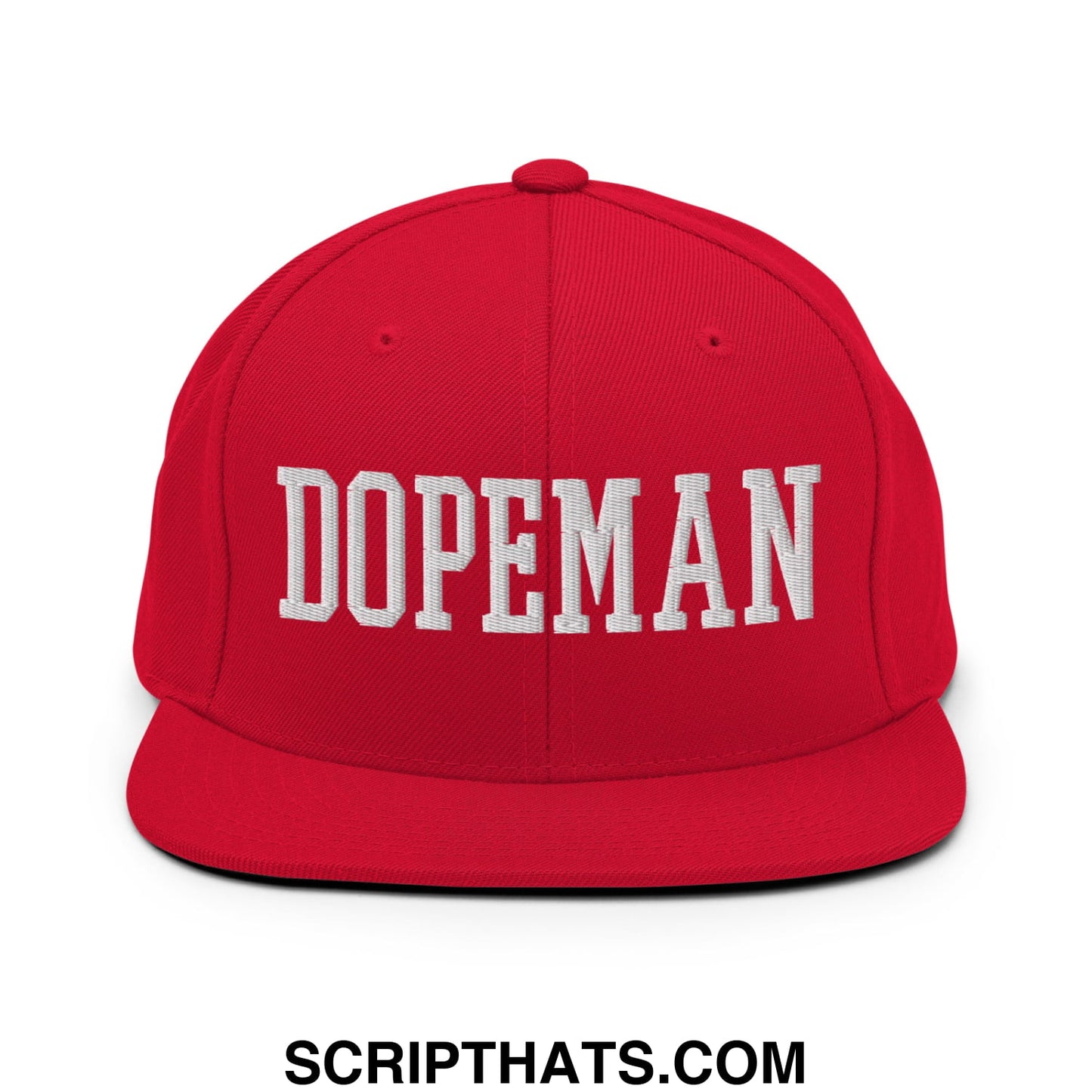 Red snapback cap with white embroidered dopeman lettering and flat bill brim for casual streetwear style