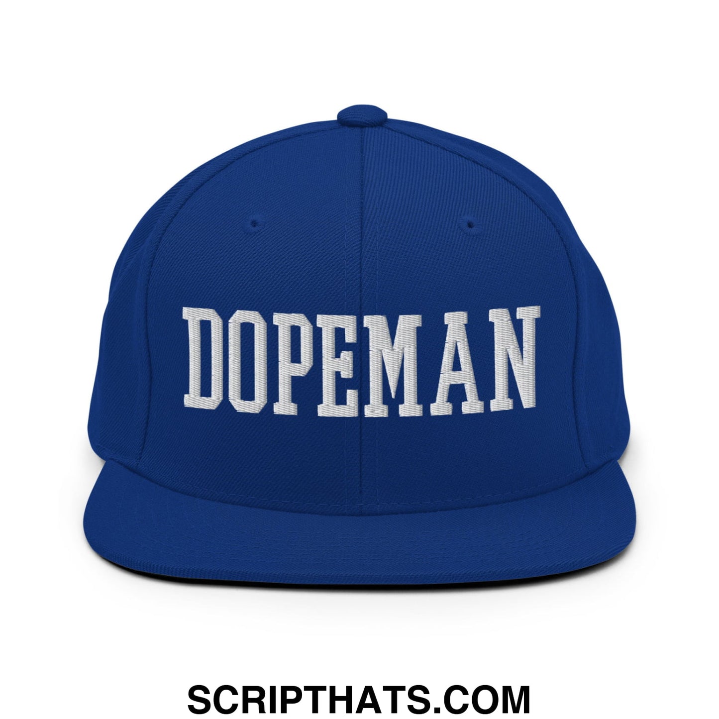 Royal blue snapback hat with white embroidered dopeman lettering and flat bill brim for casual wear