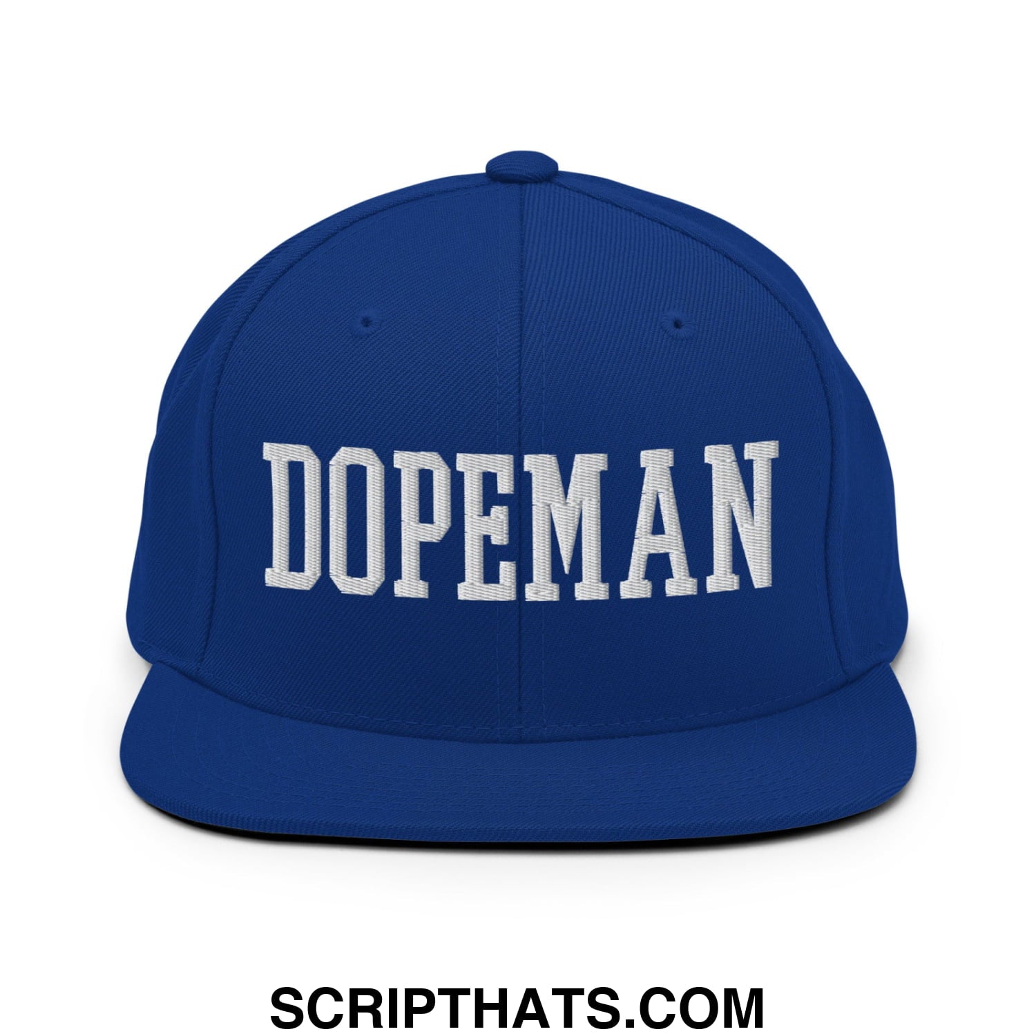 Royal blue snapback hat with white embroidered dopeman lettering and flat bill brim for casual wear