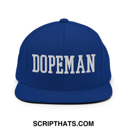 Royal blue snapback hat with white embroidered dopeman lettering and flat bill brim for casual wear