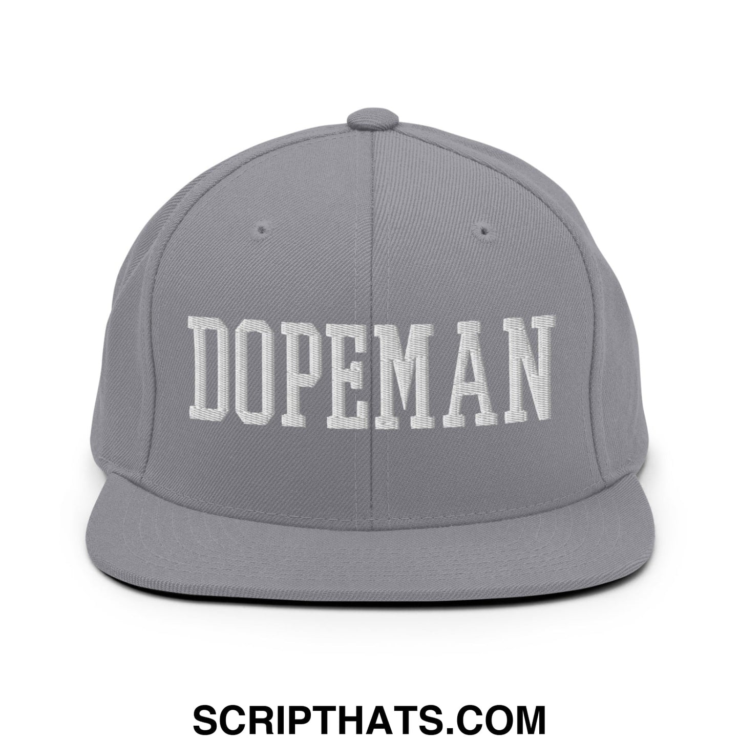 Gray snapback hat with white embroidered dopeman lettering and flat bill brim for casual streetwear style