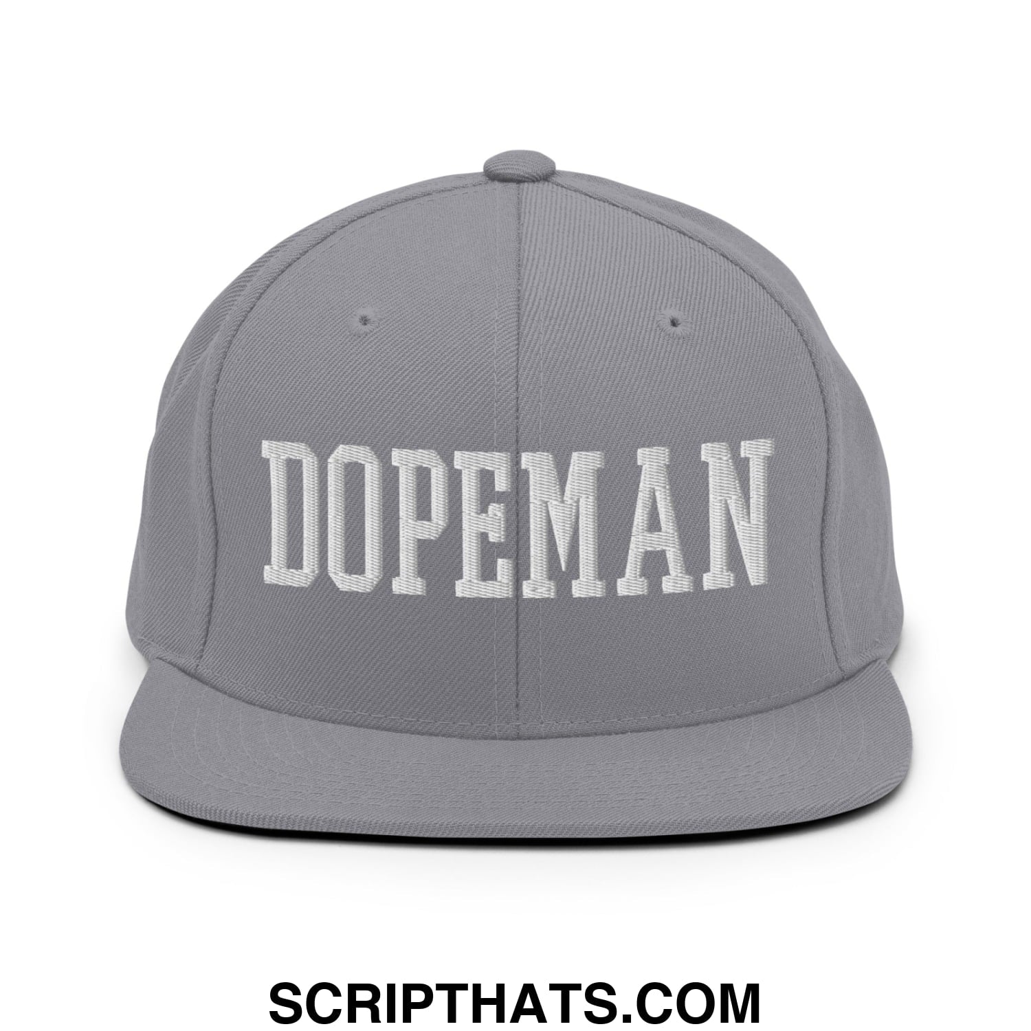 Gray snapback hat with white embroidered dopeman lettering and flat bill brim for casual streetwear style