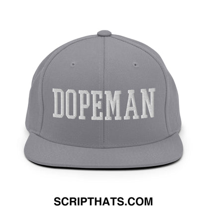 Gray snapback hat with white embroidered dopeman lettering and flat bill brim for casual streetwear style