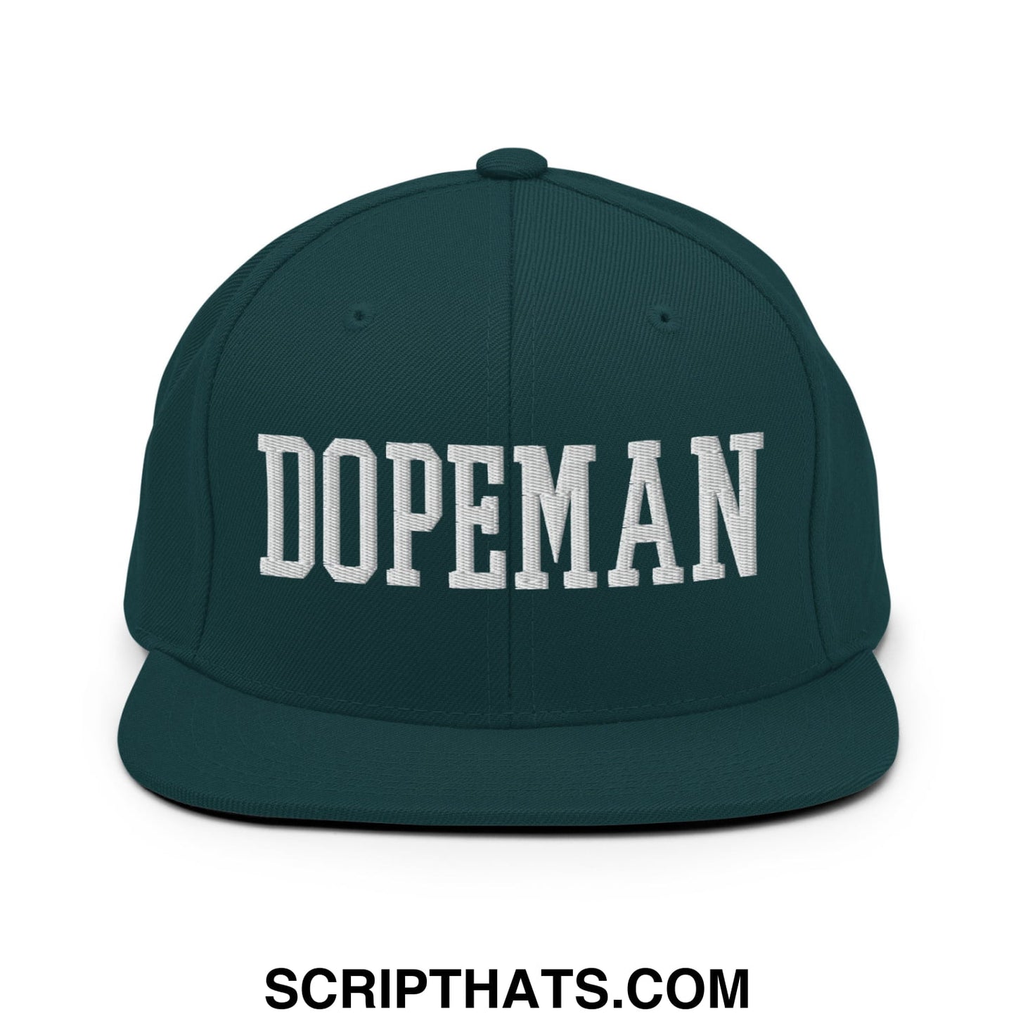 Dark green snapback hat with white embroidered dopeman lettering and flat bill brim for casual wear