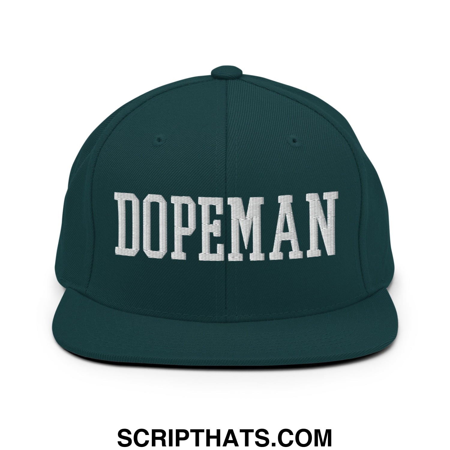 Dark green snapback hat with white embroidered dopeman lettering and flat bill brim for casual wear