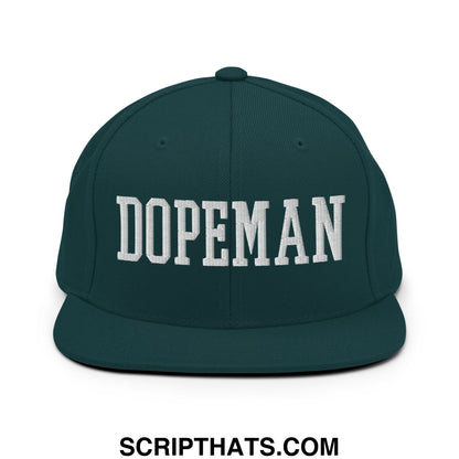 Dark green snapback hat with white embroidered dopeman lettering and flat bill brim for casual wear