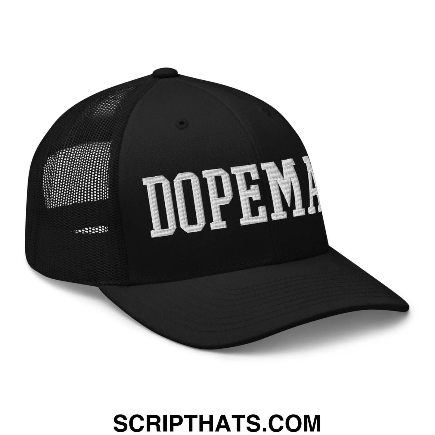 Black mesh trucker hat with white embroidered dopeman lettering on front perfect for casual wear