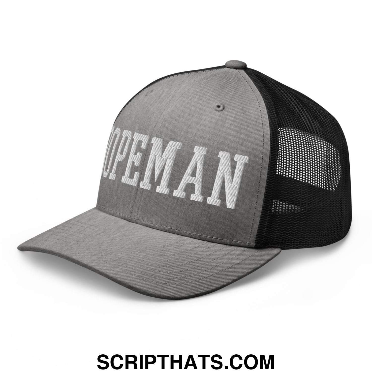 Gray and black mesh trucker hat with topman embroidered in white on the front called dopeman embroidered mesh trucker hat