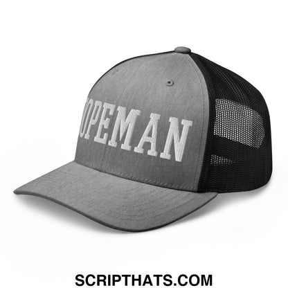 Gray and black mesh trucker hat with topman embroidered in white on the front called dopeman embroidered mesh trucker hat