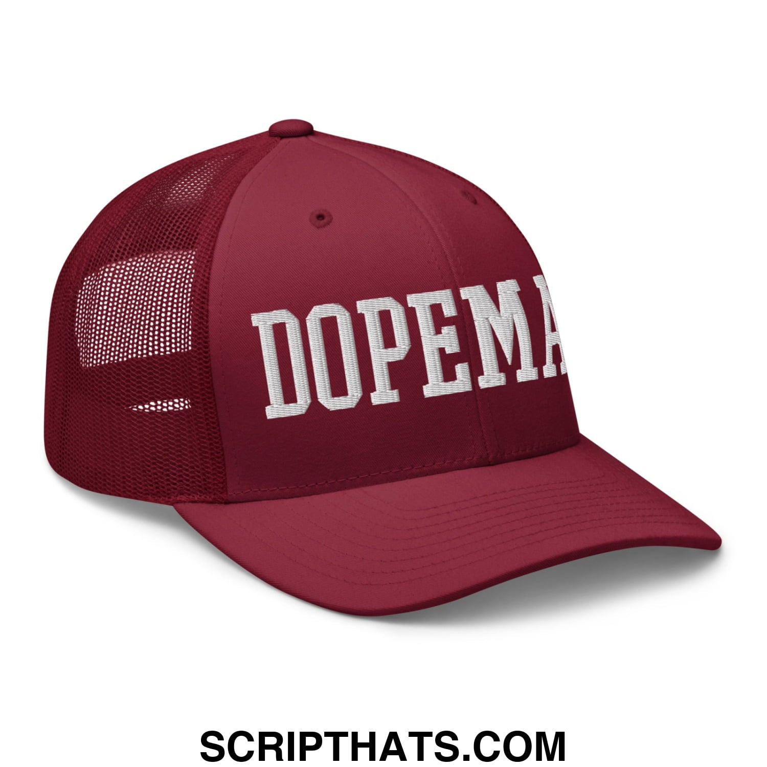 Maroon dopeman embroidered mesh trucker hat with white lettering across the front for casual wear