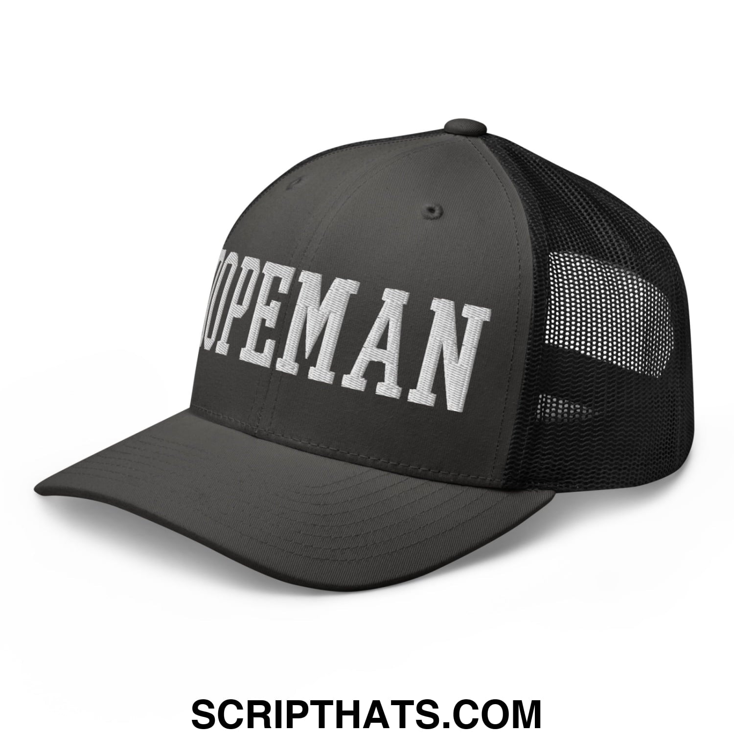 Black mesh dopeman embroidered trucker hat with white lettering on the front for casual wear