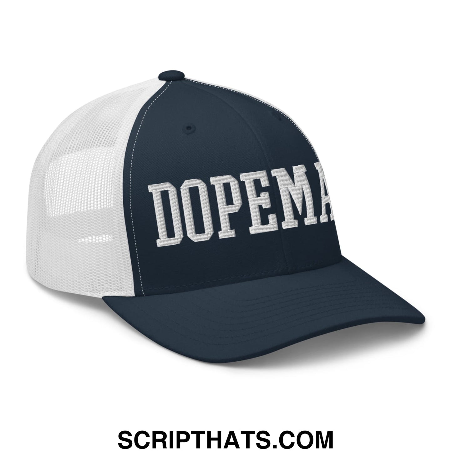 Navy blue and white dopeman embroidered mesh trucker hat with bold textured lettering across the front panel